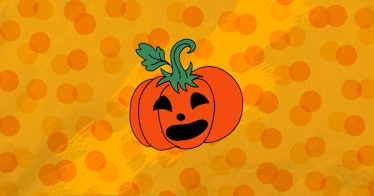 a halloween pumpkin drawing with jack o lantern face against an orange back drop