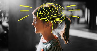 yellow brain drawn on photo of a child