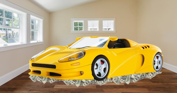 a car sitting over a pile of cash in a house, depicting lifestyle creep