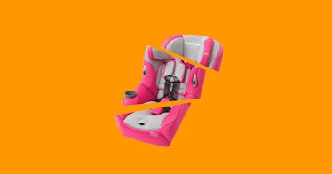 A car seat, split in sections, on an orange background