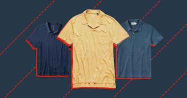 3 polo shirts are featured against a navy blue backdrop