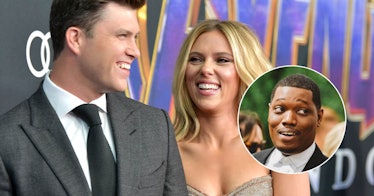 Colin Jost and Scarlett Johansson at a red carpet, with a small photo of Michael Che