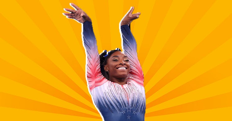 Simone Biles, smiling, in front of a yellow background