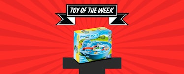 Playmobil's mini water park for toddlers under Fatherly's Toy of the Week banner against a red starb...