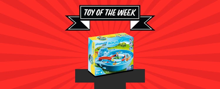 Playmobil's mini water park for toddlers under Fatherly's Toy of the Week banner against a red starb...