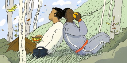 Two parents on a hike relax and lean against each other while eating sandwich, fruit