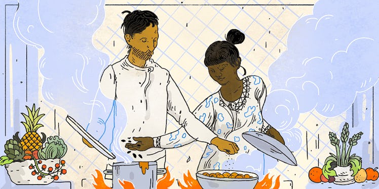 Couple cooks togetherin kitchen, adding ingredients to pots and pans