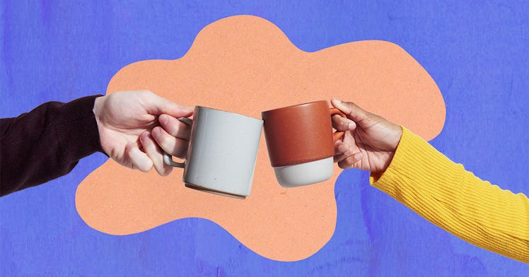 Two hands clinking coffee mugs together on a purple and orange background
