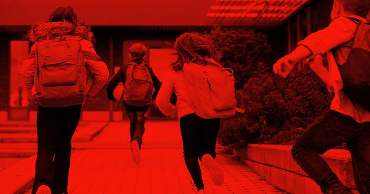 Kids run into a school building. Photo-edited in red