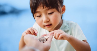 一个亚洲学龄前儿童正在探索一个柔软的粉色玩具