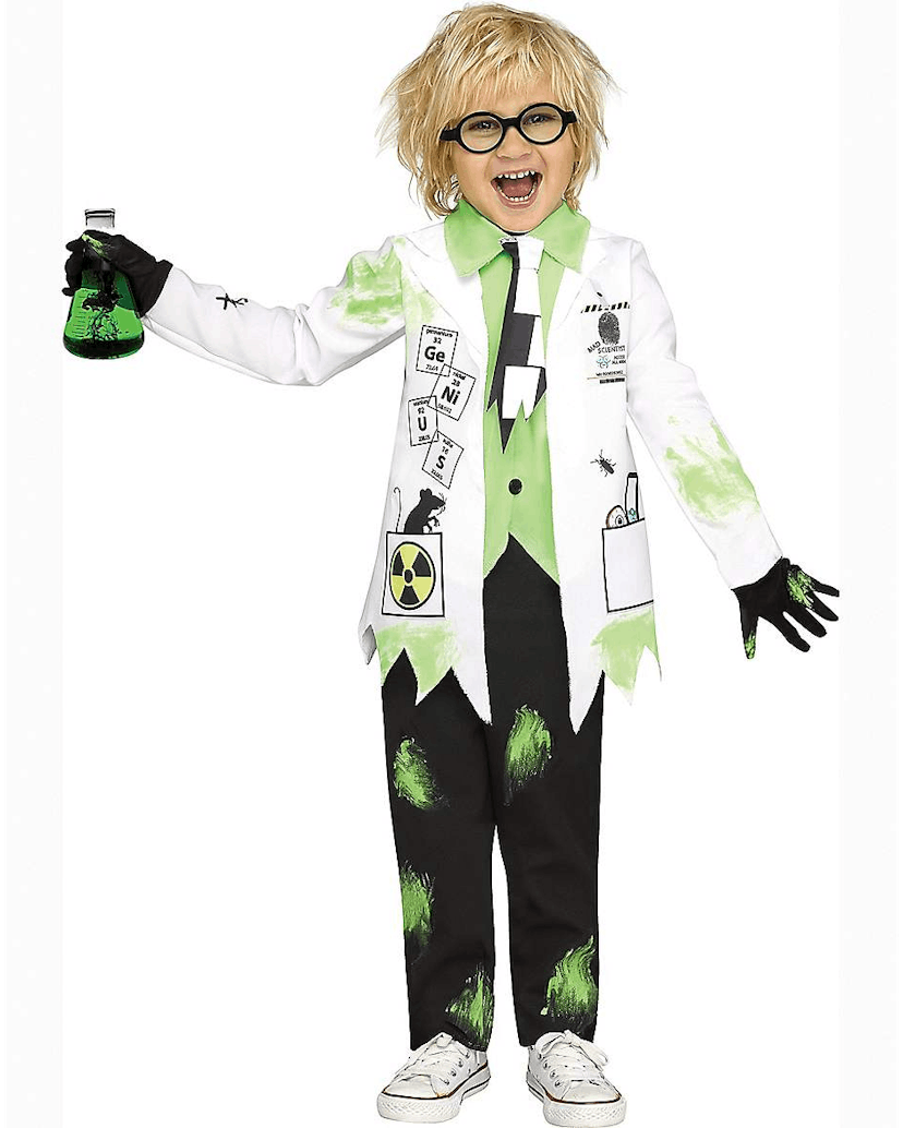 A boy posing in the costume of Mad Scientist