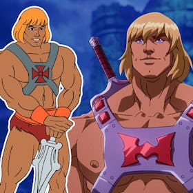 Two versions of He-man and the masters of the universe next to each other