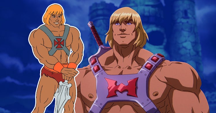 Two versions of He-man and the masters of the universe next to each other