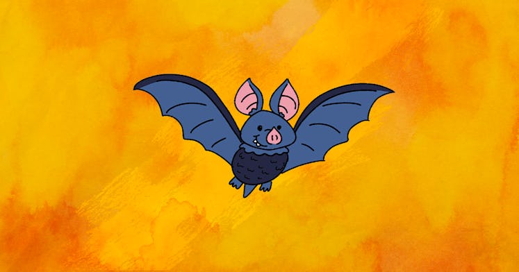a completed colored bat drawing for halloween is pictured against an orange back drop