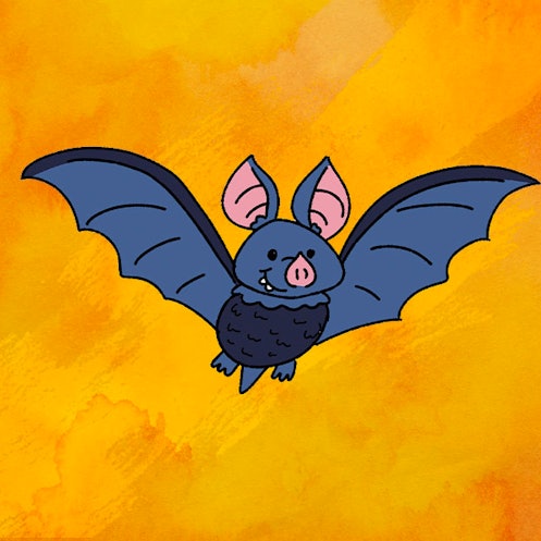 a completed colored bat drawing for halloween is pictured against an orange back drop