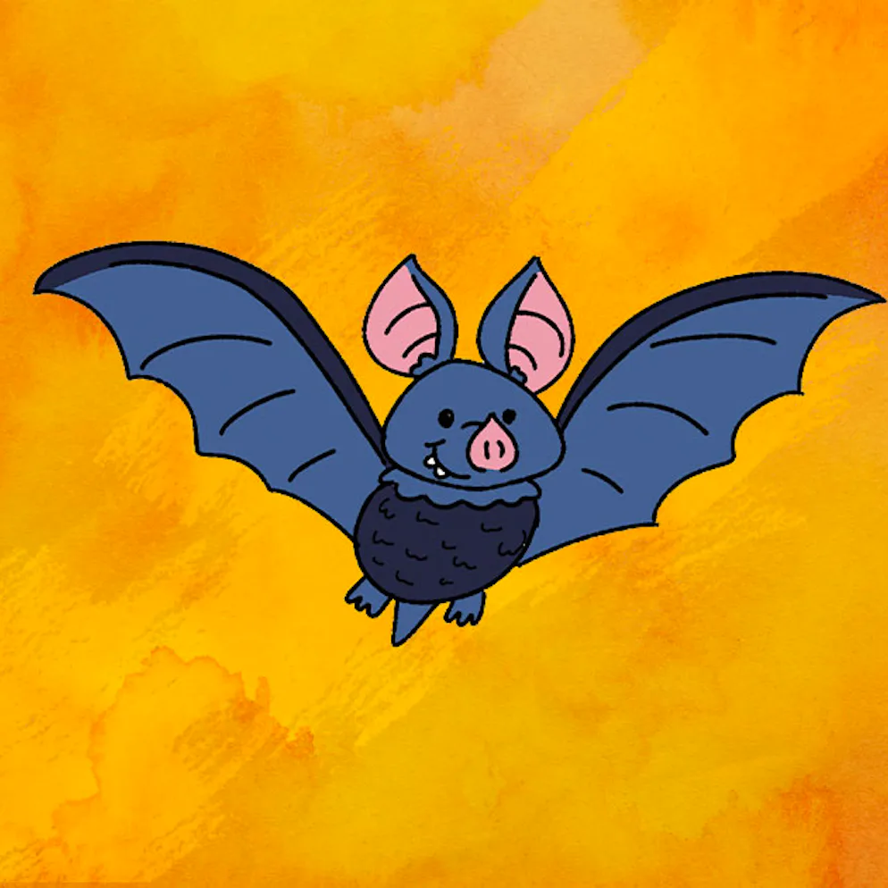 a completed colored bat drawing for halloween is pictured against an orange back drop