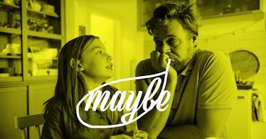A father looks unsure with a speech bubble telling his daughter maybe