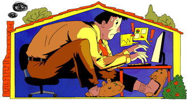 illustration of a man crouched against his desk, working from home