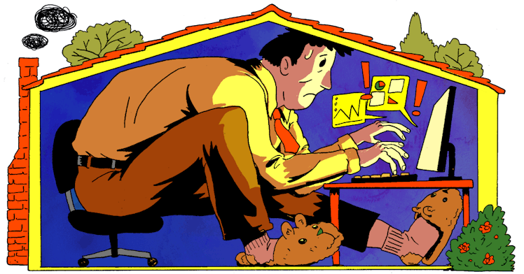 illustration of a man crouched against his desk, working from home