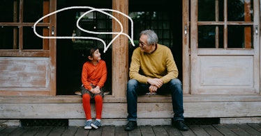 a kittle girl sits on a stoop asking her grand parent some questions