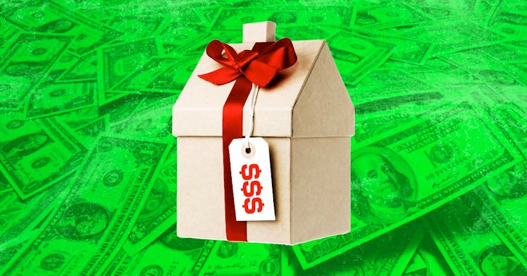 Green money, with a house-shaped gift box, with a bow on it