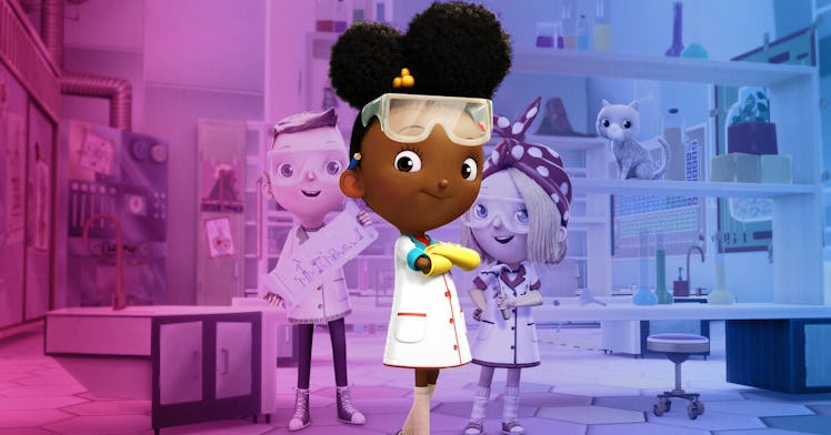 Ada Twist, an animated show character, posing with two of her fellow scientists ,wearing a white coa...
