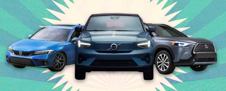 three of the best family cars of the year arrayed against a turquoise background with a light gold s...