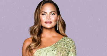 Chrissy Teigen on a purple background