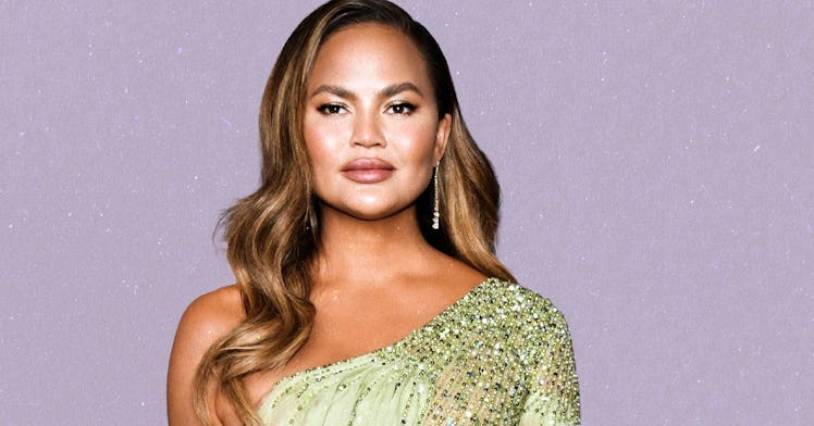 Chrissy Teigen on a purple background