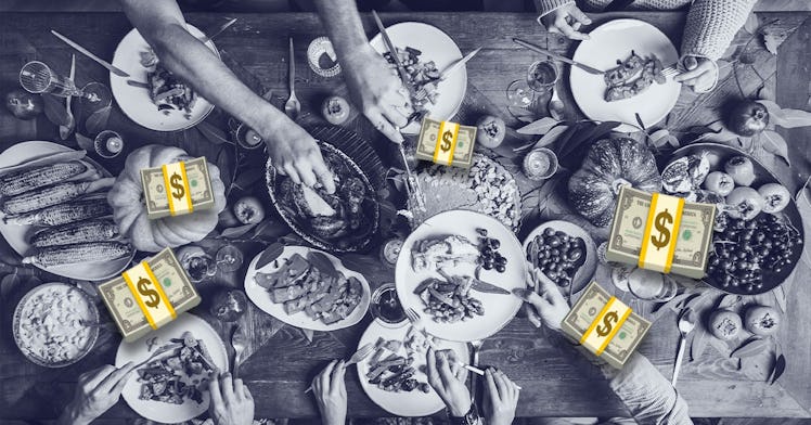Black and white photo of Thanksgiving dinner table with gold animated stacks of money with dollar si...