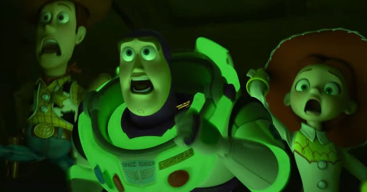 Woody, Jessie, and Buzz Lightyear from Toy Story screaming, with a spooky green glow