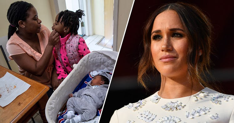 Two halves of a photo: a mom and baby look at each other, and Meghan Markle