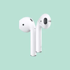 Apple AirPods on a pastel green background