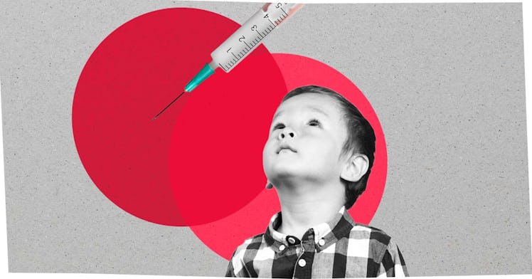 a greyscale headshot of a young child looking at a COVID vaccine