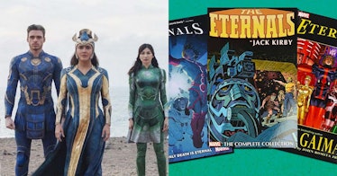 The Eternals movie cast next to three key issues of Eternals comics