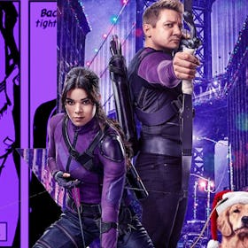 Hailee Steinfeld as Kate Bishop and Jeremy Renner as Clint Barton next to a golden retriever with a ...
