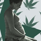 A pregnant woman holding her stomach on a blue backdrop with green cannabis leaves.