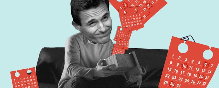 A man smiling and sitting on a couch, opening a box with monthly calenders flying out