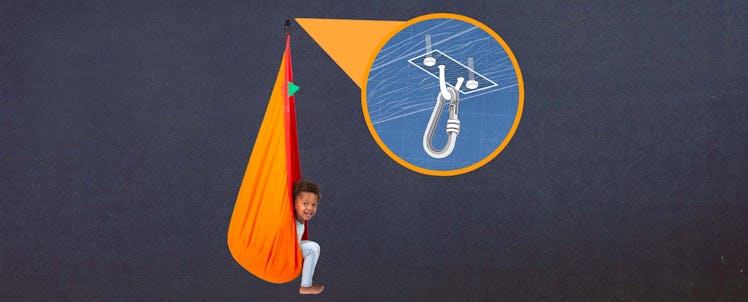 A small girl sitting on a swinging chair