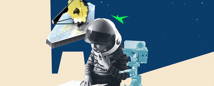 Collage of James Webb telescope and boy in astronaut suit