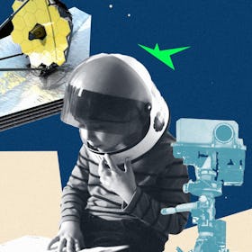 Collage of James Webb telescope and boy in astronaut suit