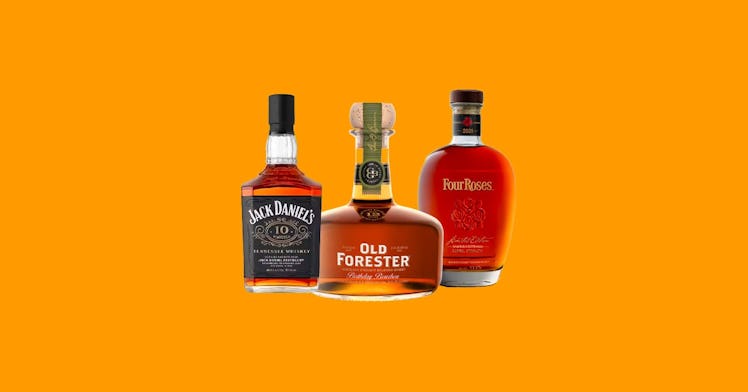 Jack Daniels, Old Forester, and Four Roses on an orange background 