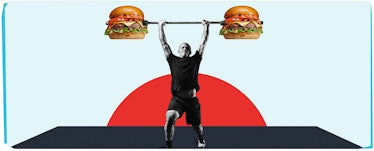 一名男子站在一个劈叉挺举的奥运会举重姿势，两个巨大的汉堡代替重量。