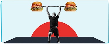 Man standing in a split jerk Olympic lifting position with two giant hamburgers in place of weights.