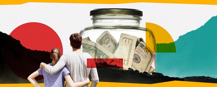 Couple looking at a jar of money.