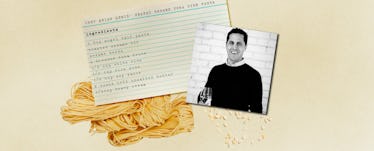 Photo of Brian Lewis placed on top of a piece of paper with tuna recipe on it and angel hair pasta i...