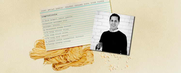 A photo of Brian Lewis placed on top of a piece of paper with tuna recipe on it and angel hair pasta...