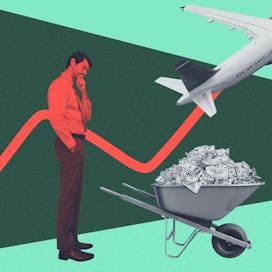 Collage of man with wheel barrow of cash trying to determine investments