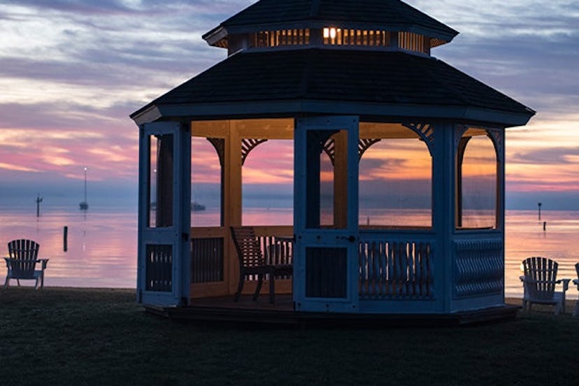 A gazebo at sunset.