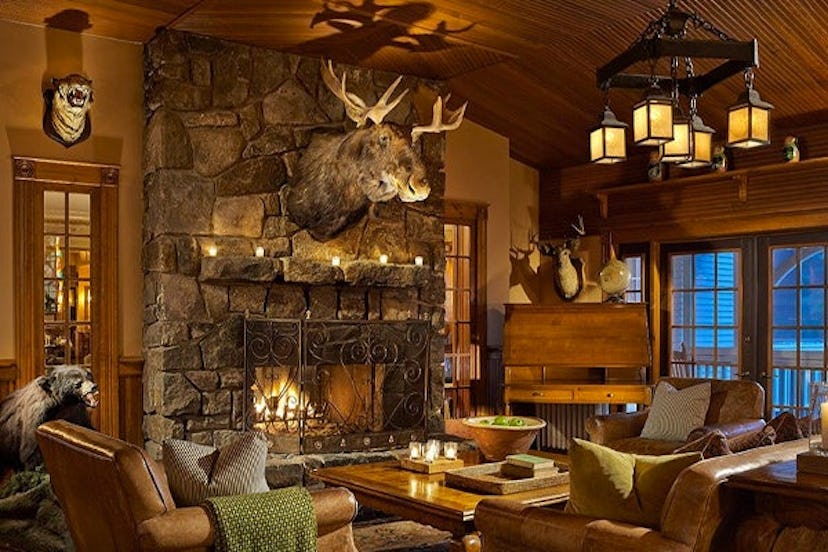 FIreplace in log cabin at Mirror Lake Resort